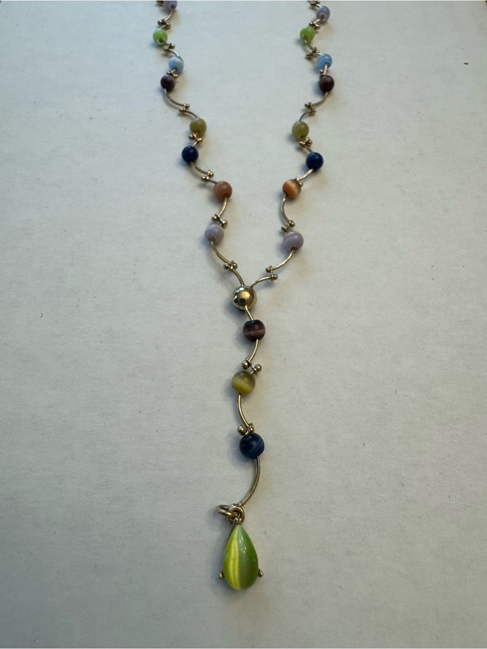 16-18" adjustable Monet gold tone Y drop necklace multicolored cat's eye beads